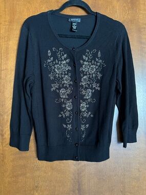Spense Black Button-Up beaded Cardigan with Gold Floral Embroidery